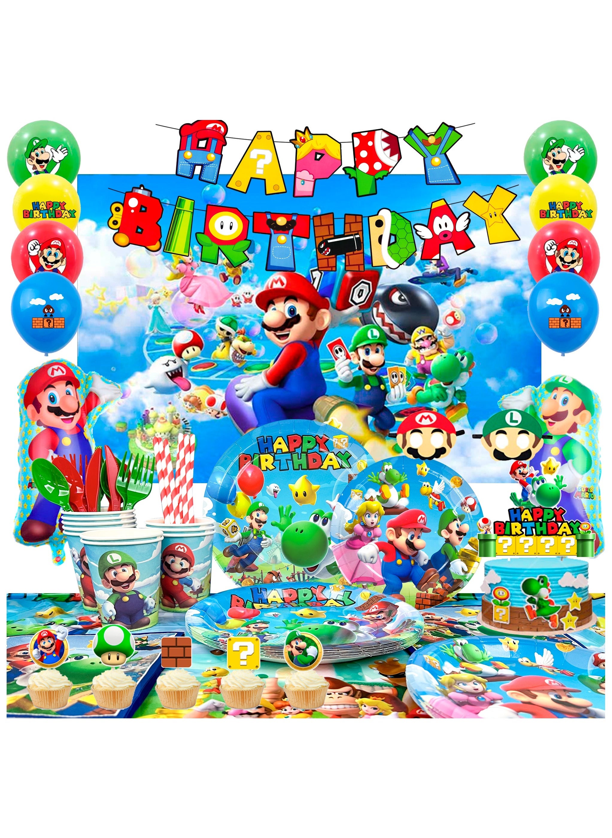 Mario Birthday Party Supplies,177pcs Party Decorations&Tableware Set Party Plates Cups Napkins Table Cloth Balloons Backdrop Banner etc Birthday Decorations