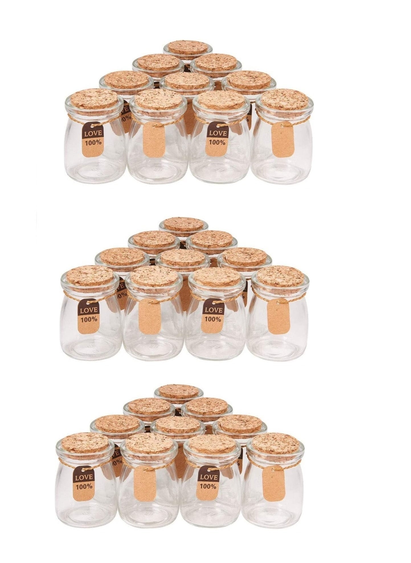 Pack of 30PC Glass Pudding jars Glass Containers with Cork Lids  And Tags Small Glass Bottles for Wedding Favor