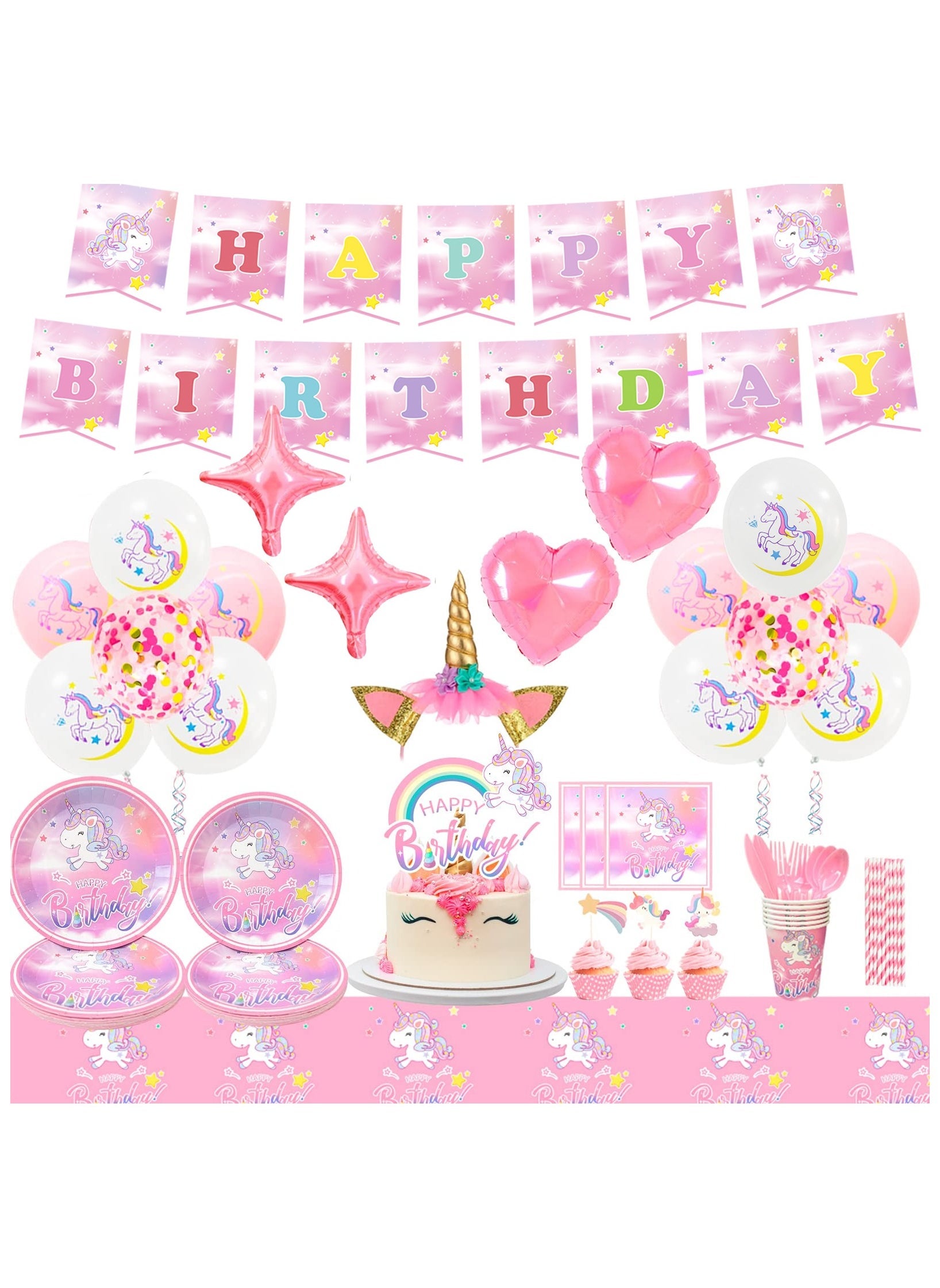 Unicorn Party Supplies,178pcs Unicorn Birthday Decorations&Party Tableware Set-Unicorn Birthday Banner Balloons Headband Plates Cups Napkins Tablecloth etc Unicorn Party Decorations.