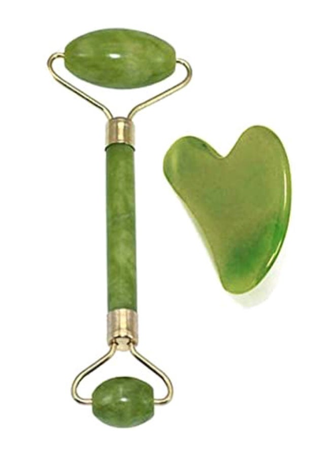 Double Head Jade Face Massage Roller With Scraping Tool Green/Gold