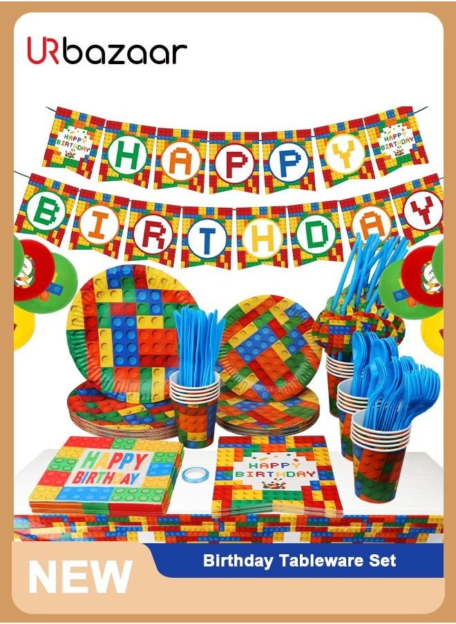 174 Pcs Set Building Block Birthday Party Supplies Set | Baby Boy Toddler Kids Birthday Brick Decorations – Cups Plates Signs Napkins Balloons Tablecloth Utensils – Decorations for Boys and Girls