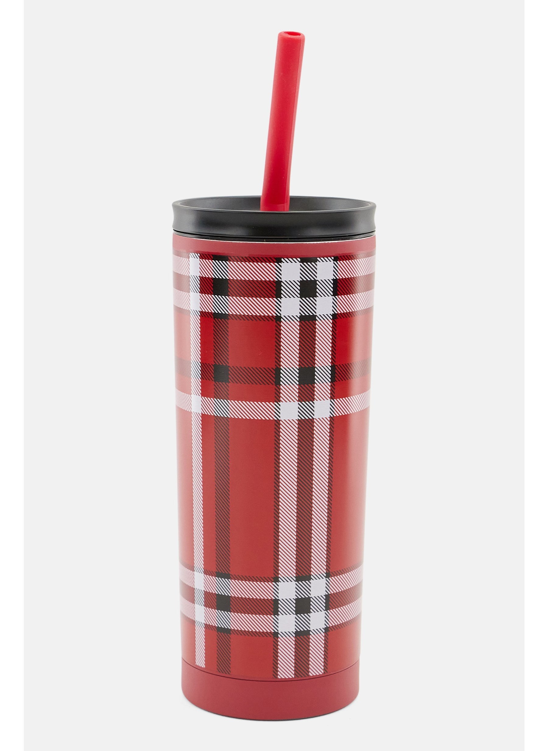 Double Wall Stainless Steel Tumbler with Flexible Silicone Straw 600 ml, Red Combo