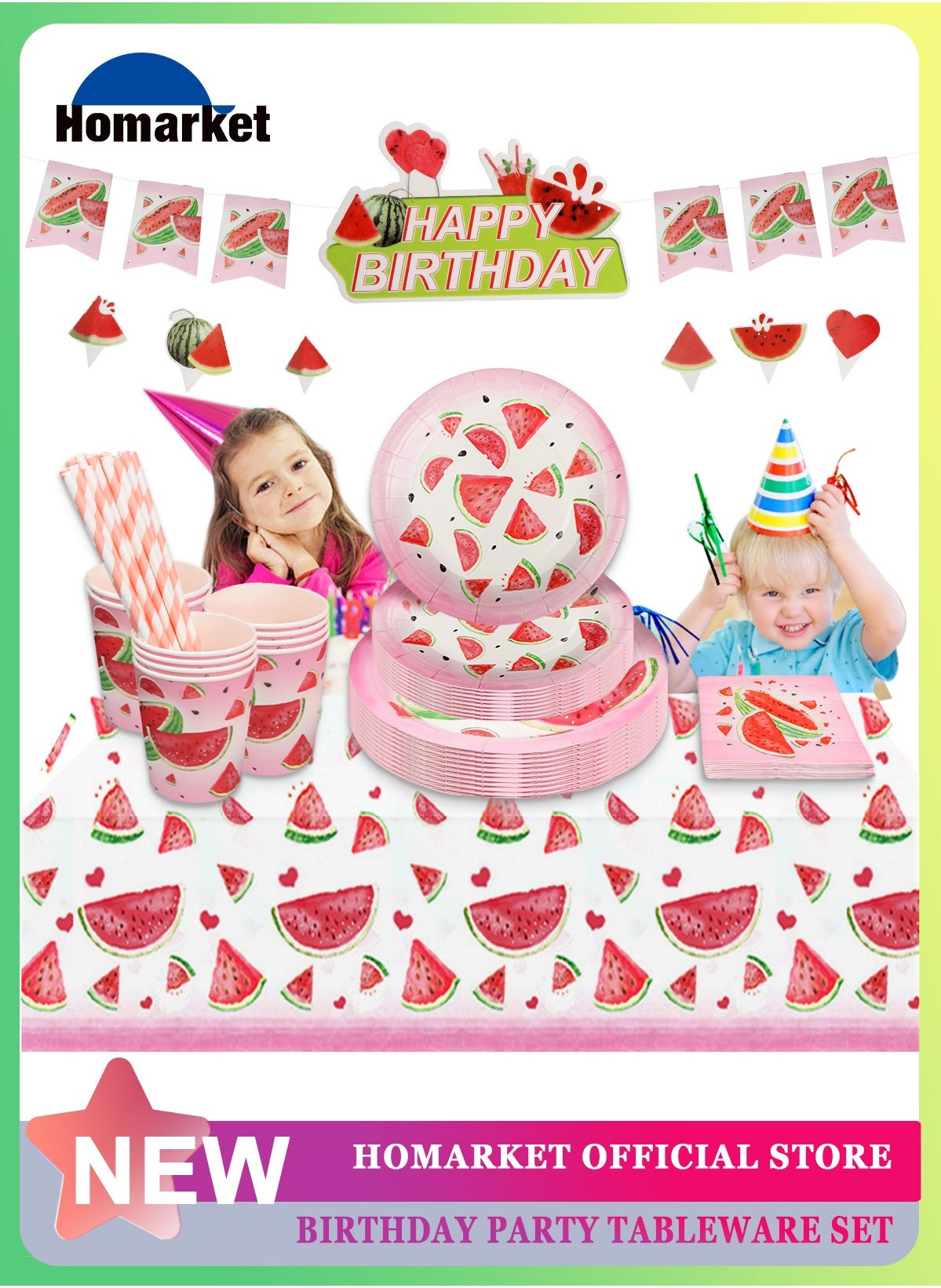 77PCS Watermelon Happy Birthday Party Supplies Kit Serve 10,Includes Disposable Dinner Plates, Dessert Plates, Napkins, Cups,Tablecloth and Banner, Perfect for Birthday Party Anniversary Decoration