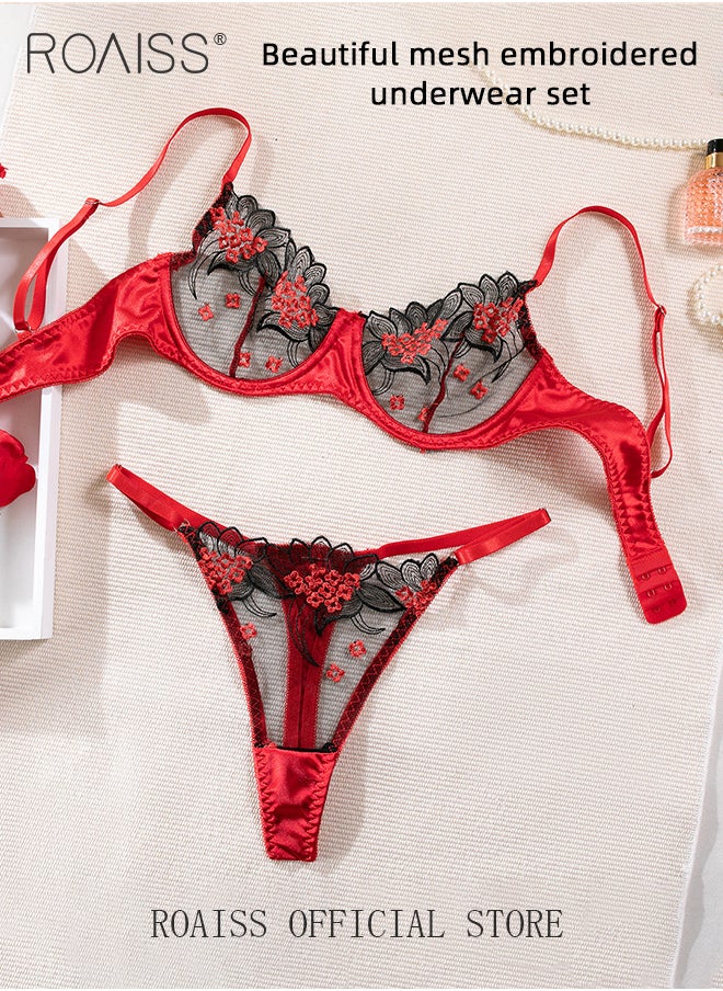 2Pcs Floral Embroidery Underwear Suit for Women Lace Mesh Push up Bra and Thong Ladies Romantic Passion Adjustible Lingerie Set Adult Ultra Thin Intimates Suitable for Dates and Valentine's Day