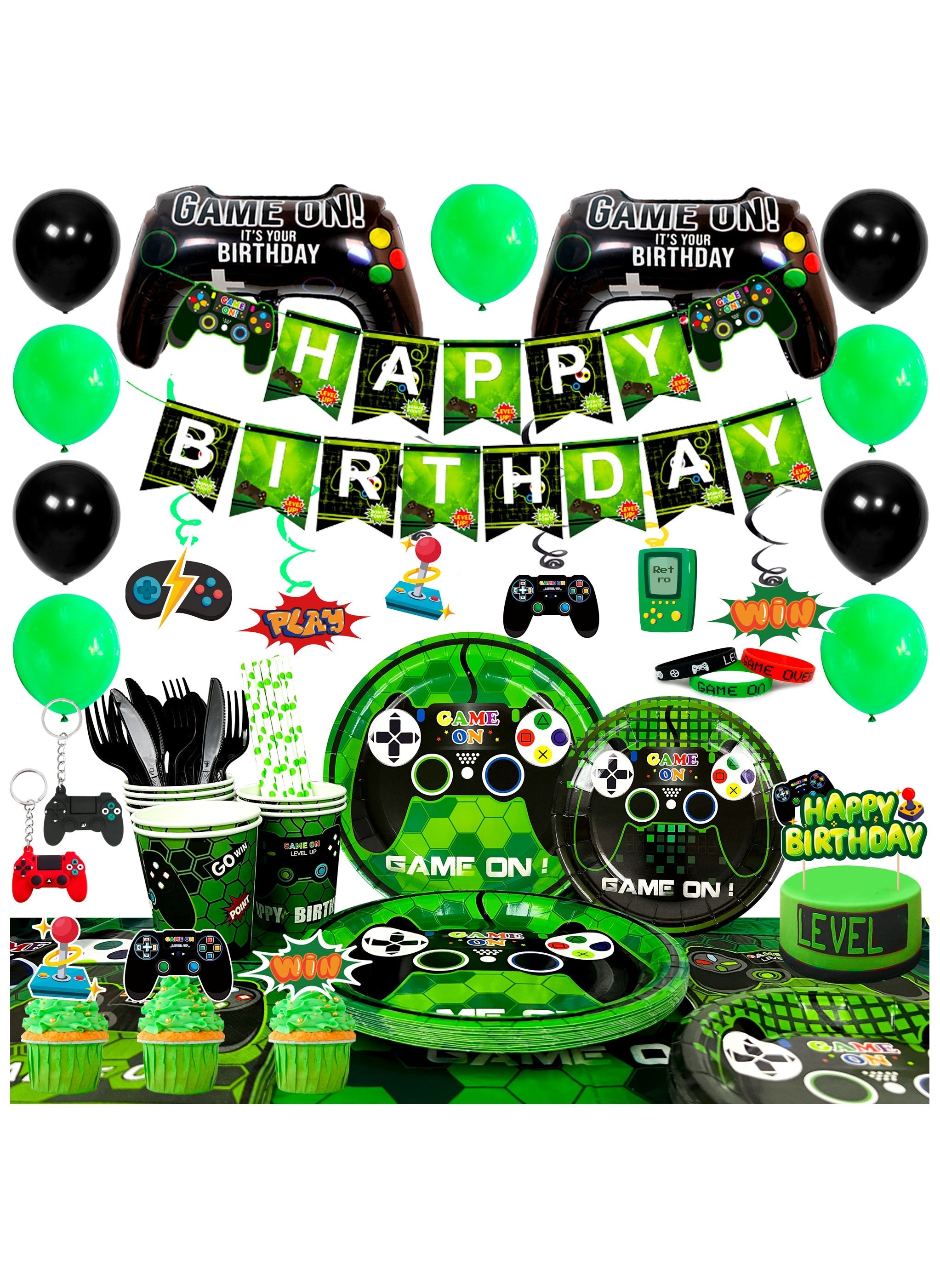 Gaming Birthday Party Supplies for Boys,194pcs Video Game Party Decorations&Tableware Set - Gaming Decorations Plates Cups Tablecloth Balloons Banner Cake Topper etc Party Supplies