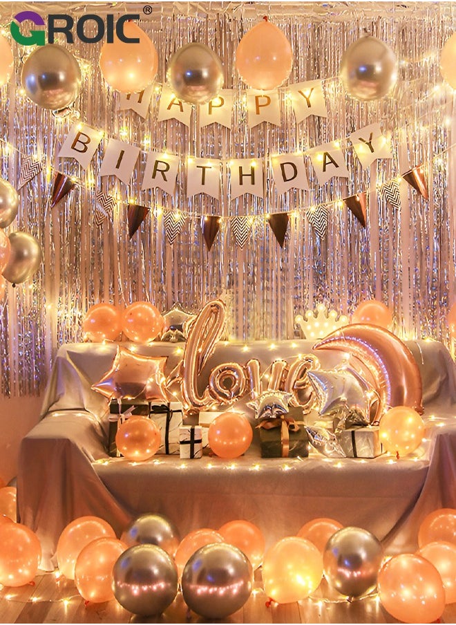 Party Birthday Balloons Supplies, Rose Gold Birthday Party Decorations, Happy Birthday Banner, Rose Gold Fringe Curtain, Star Foil Confetti Balloons for Women Girls Birthday Princess Party