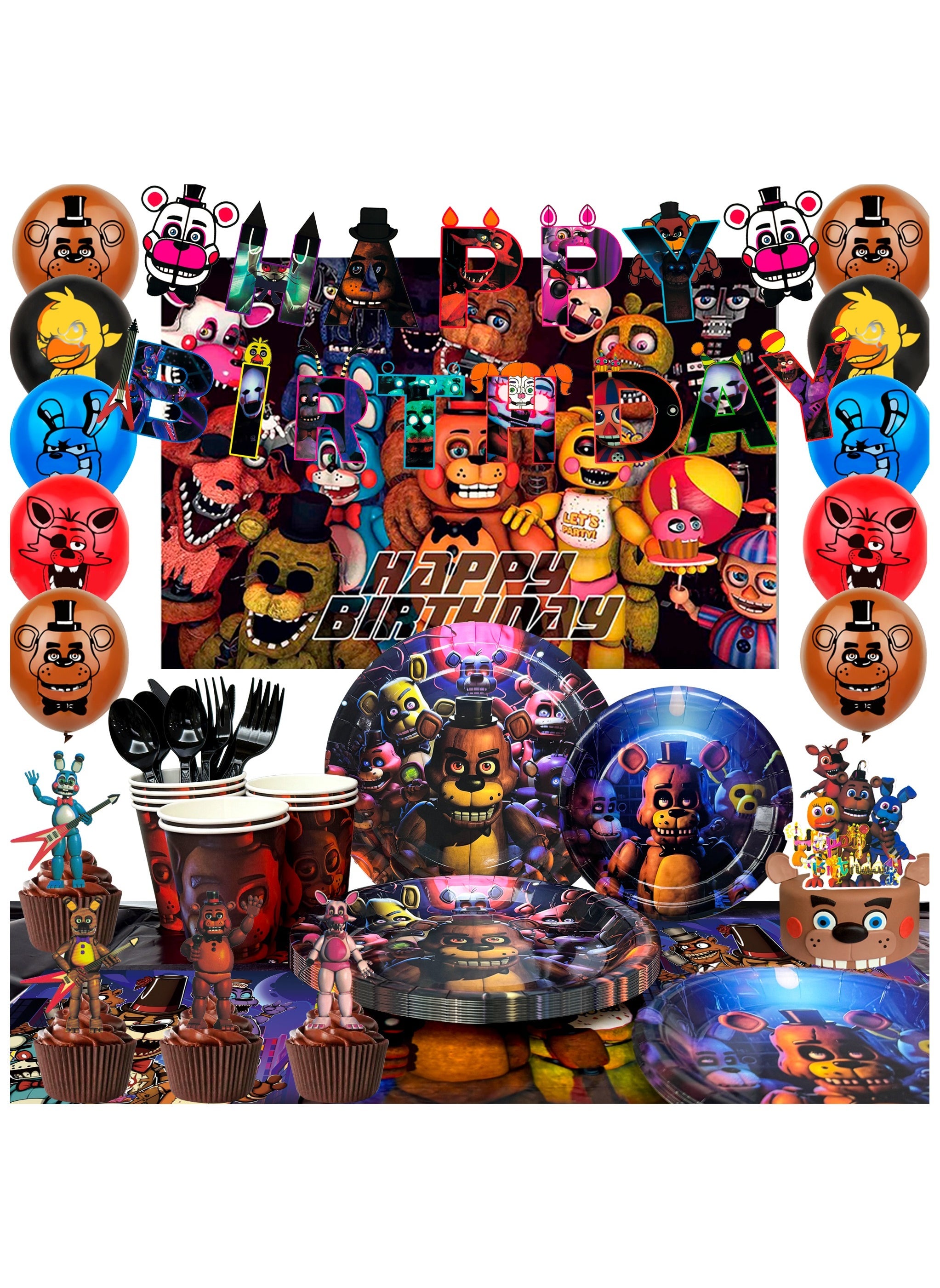 Fnaf Birthday Party Supplies, 112pcs Five Nights at Freddy's Birthday Decorations & Tableware Set - Fnaf Party Plates and Cups Tablecloth Backdrop Banner Balloon etc Fnaf Birthday Decorations for Kids