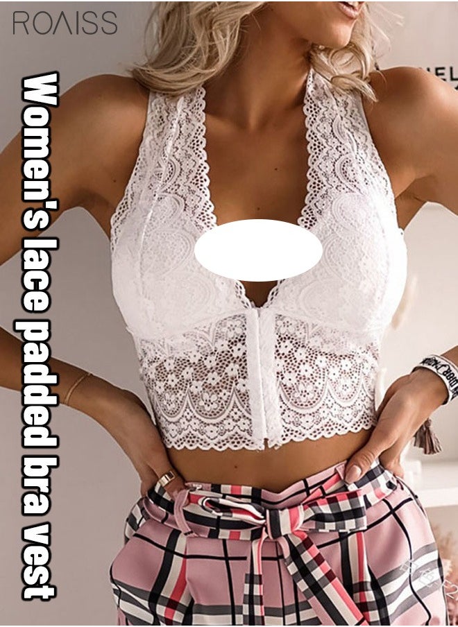 Women's Lace Bra Vest Removable Sponge Pad No Steel Ring Bra V Neck Vest Basic Short Vest