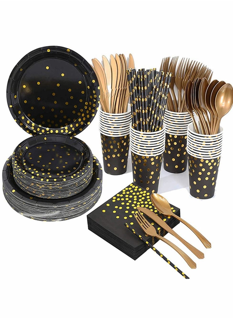 200 Pieces White Gold Party Supplies Party Tableware Foil Paper Plates Napkins Cups Straws for Weddings, Anniversary, Birthday-25 Guests (Black-Gold)