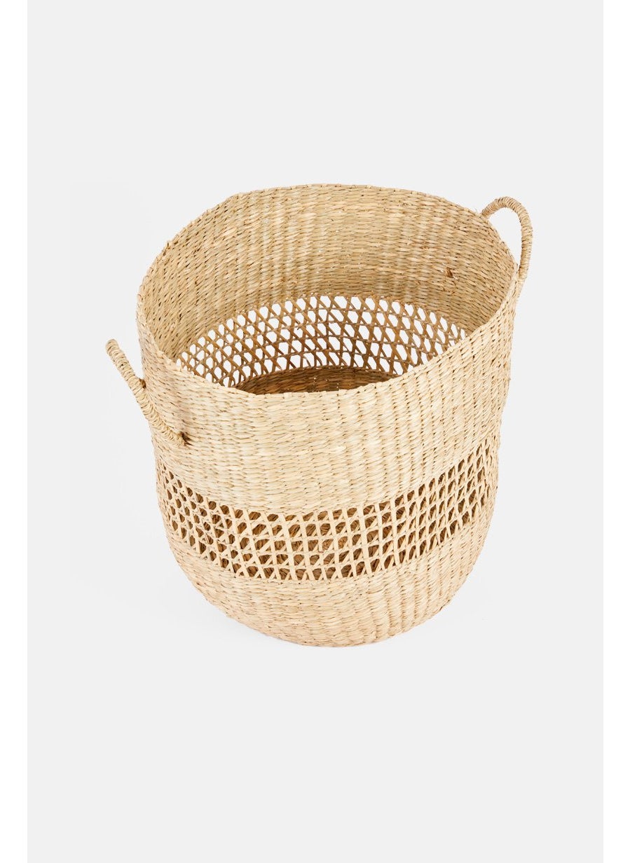 Seaweed Braided Stripe Basket, Biege