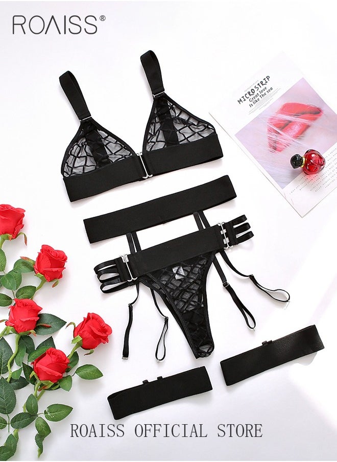 3Pcs Mesh Underwear Set for Women Summer Maid Tight Waist Lingerie Suit Ladies Adjustible Wide Shoulder Straps Hollow Intimates Adult Charming Cosplay Costumes Includes Garters