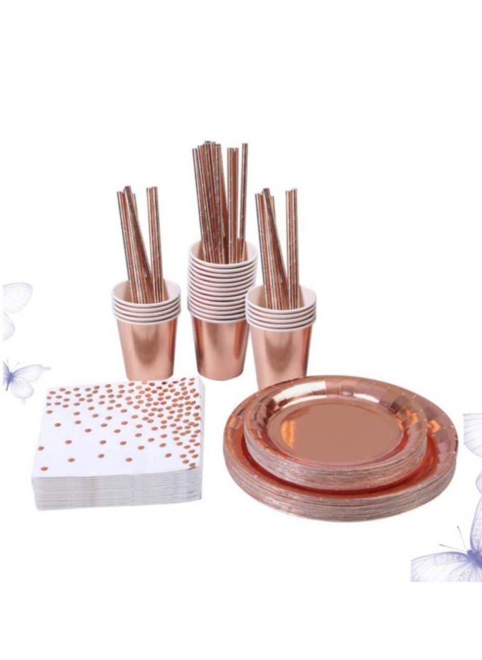 Rose Gold Party Supplies Party Tableware Foil Paper Dinnerware, Paper Plates, Cutlery, Napkins, Cups, Cutlery (Spoons, Forks, Knives) for Weddings, Anniversary, Birthday for 24 Guests.