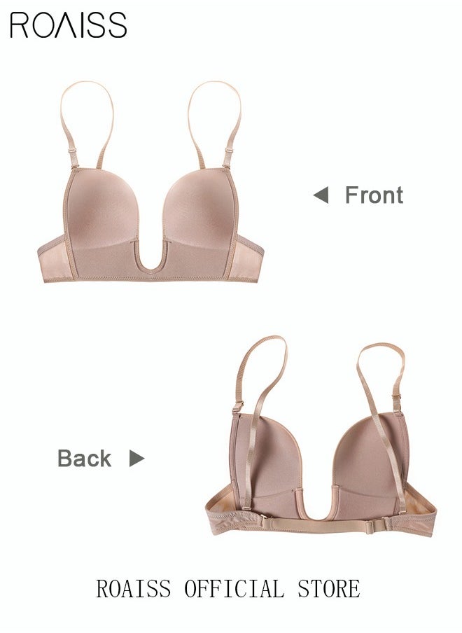 Women's Smooth Plunge Bras U-shaped Gathered Seamless Low-cut Backless for Wedding Dress Invisible Bra Sweet Comfort Underwear Lingerie Soft Push Up Underwire Skin Color