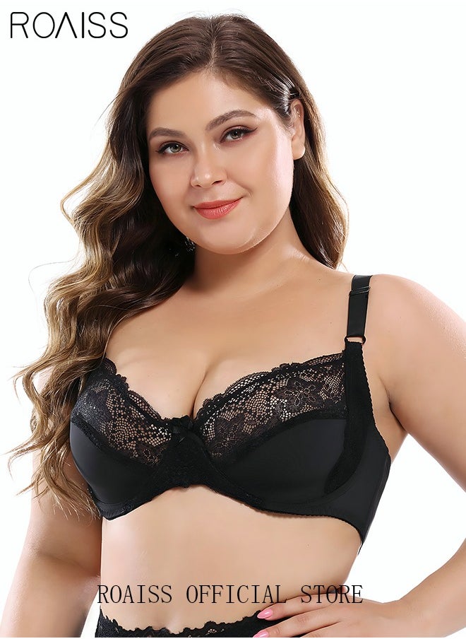 Plus Size Women's Lace Bras Push Up Daily Underwire Ultra Thin Three-quarter Cup Bras Leisure Comfort Soft Breathable Underwear See-through Lingerie Black