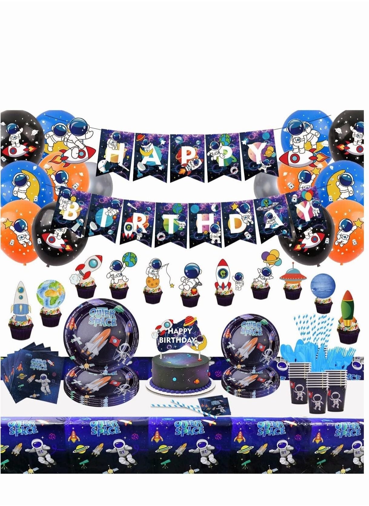 170 PCS Outer Space Party Supplies Decorations for Boy Kid Party Baby Shower Party-Solar System Party Supplies Balloon Astronaut Happy Birthday Banner Cake Topper Plates Napkins Cup Tablecloth Straw