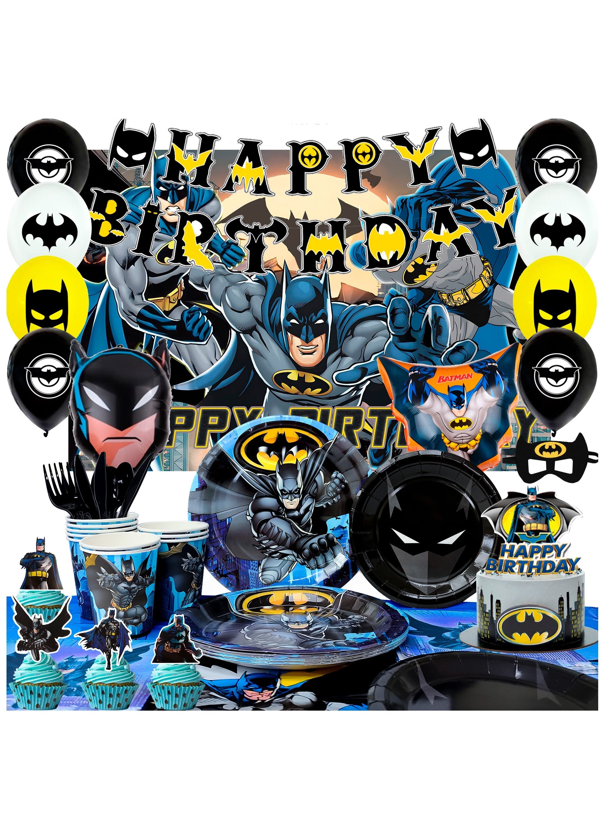 Batman Party Decorations,115pcs Batman Birthday Decorations & Batman Party Tableware Set- Batman Decorations Balloons Banner & Batman Tablecloth Plates Cups etc Batman Birthday Party Supplies