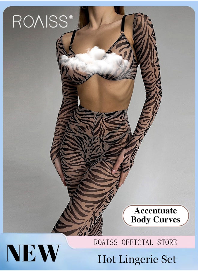 4 Piece Zebra Print Split Underwear Suit for Women Mesh See Through Body Slim Lingerie Set