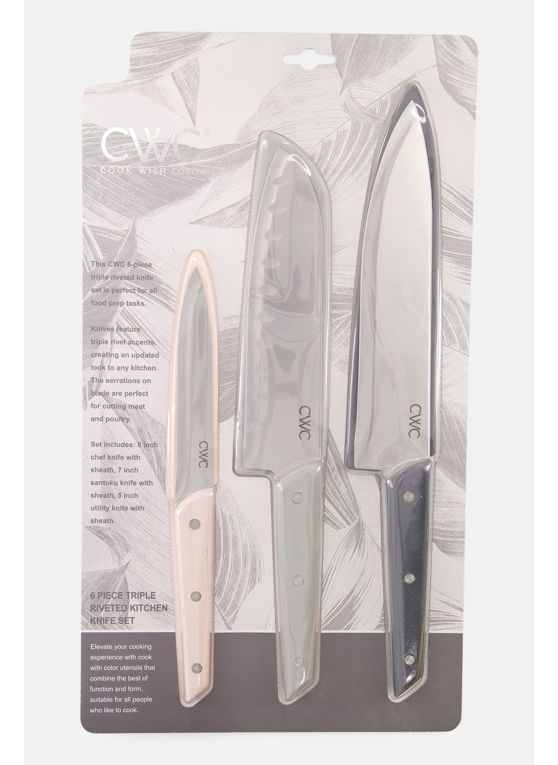 6Pcs Triple Rivetted Kitchen Knife Set, Grey/Pink