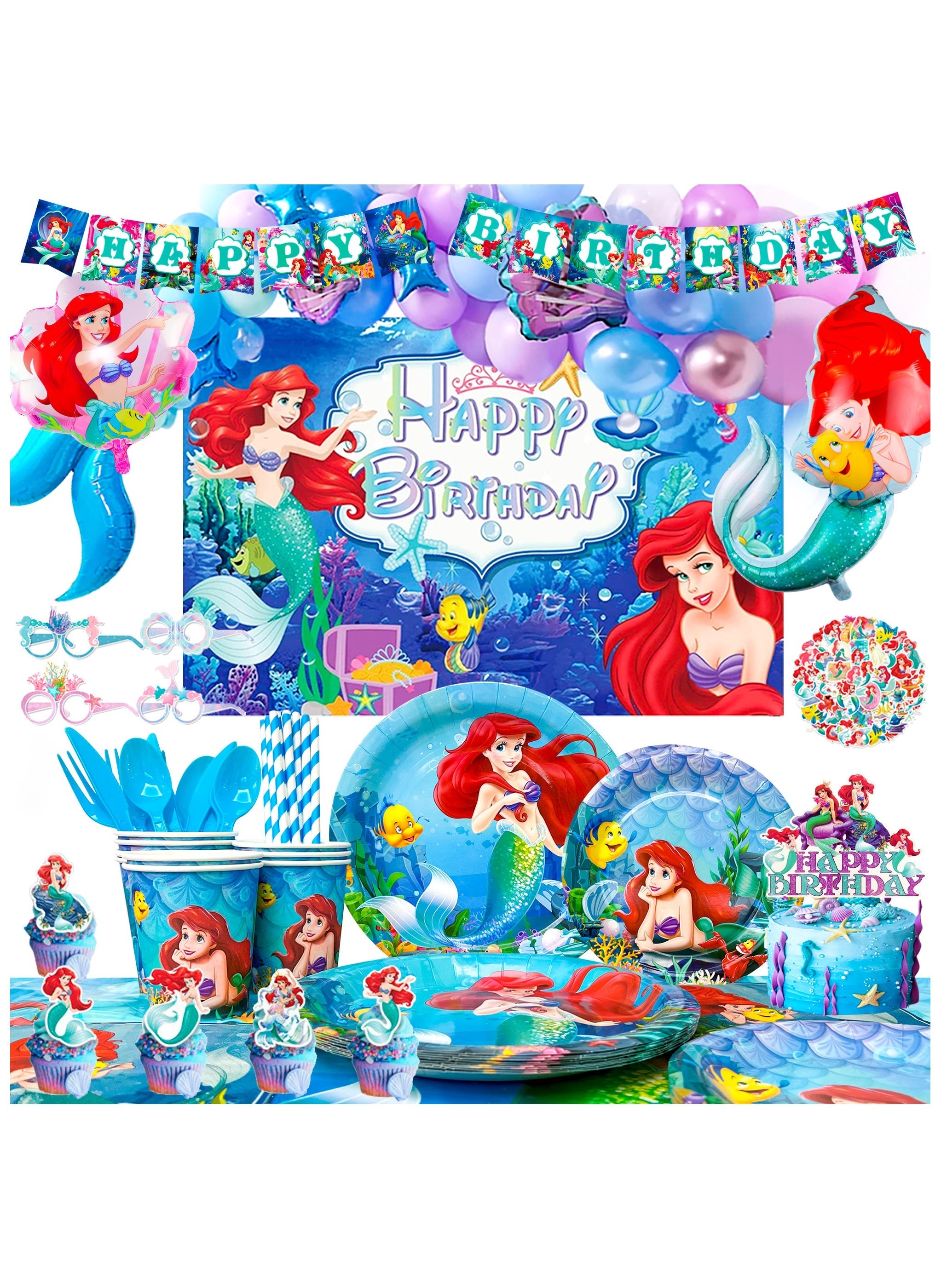 Little Mermaid Party Supplies,185pcs My Little Mermaid Party Decorations & Tableware Kit - Little Mermaid Party Plates Cups and Napkins etc Decorations for Girls Birthday Party