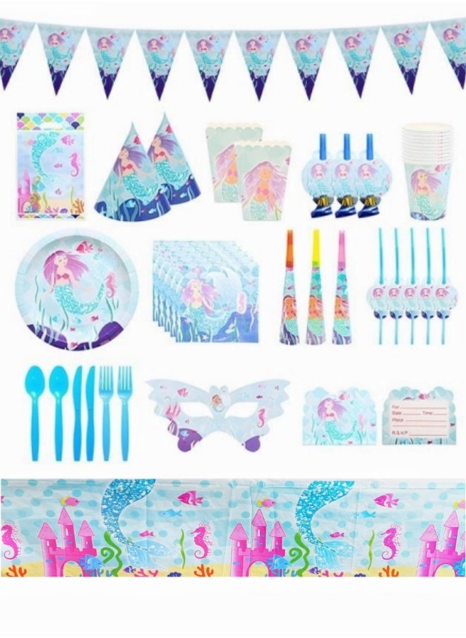 16Pcs Mermaid Party Supplies Kit (Serve 10), Birthday Party Disposable Dinnerware, All-in-One Party Supplies Set Includes Mermaid Paper Plates Cups Napkins Tableware Tablecloth