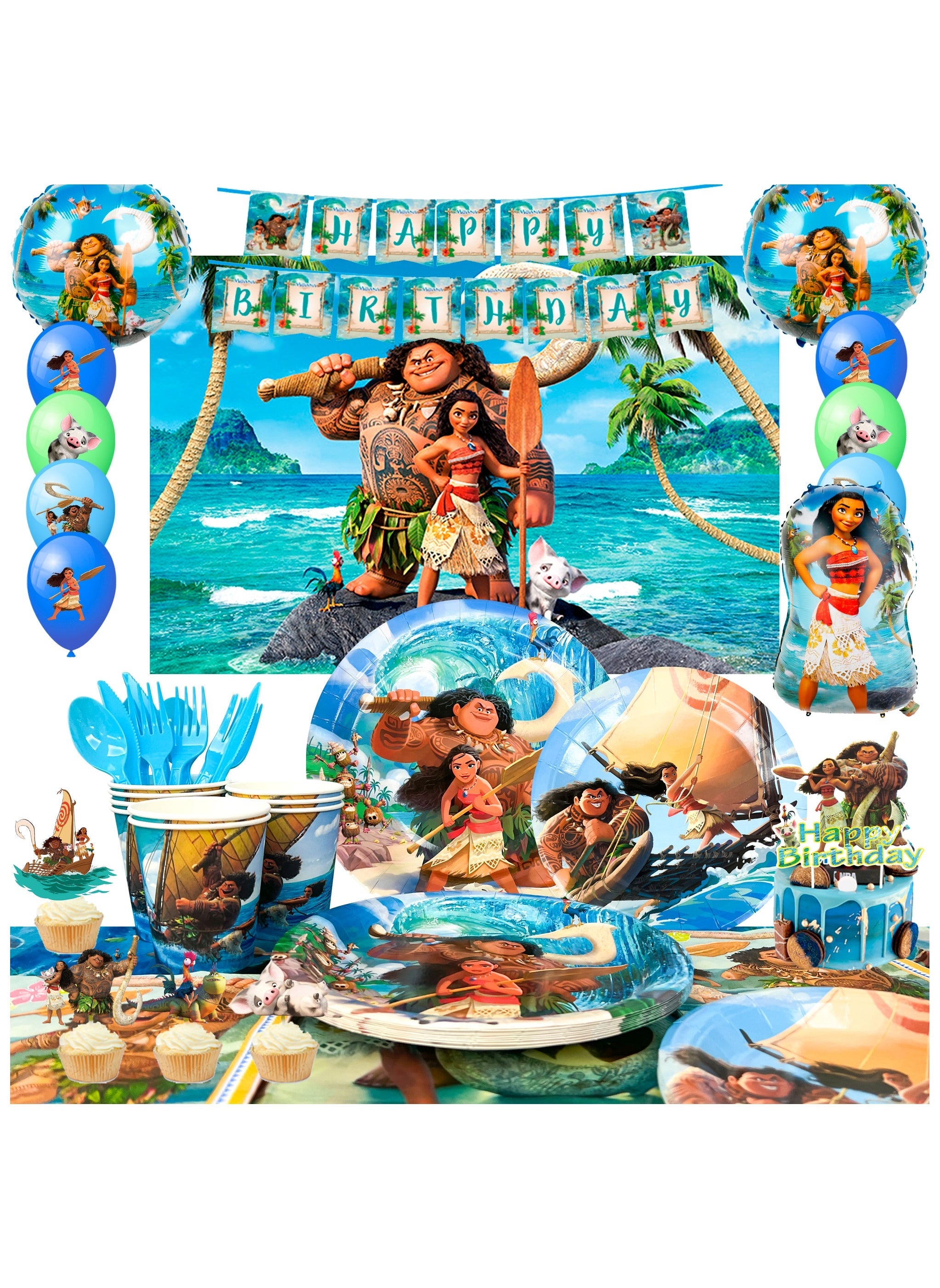 Moana Birthday Party Supplies, 115 pcs Moana Party Decorations and Tableware Set - Moana Plates and Napkins Cups Table Cloth Banner Backdrop Balloons etc for Girls/Boys Kids